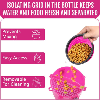 Dog Travel Water Bottle W/Collapsible Bowls - Portable 2 in 1 Leakproof Pet Water Bottle Food Container Ideal for Travel, Outdoor Portable Water Bowls for Walking, Camping & Hiking - (Pink)