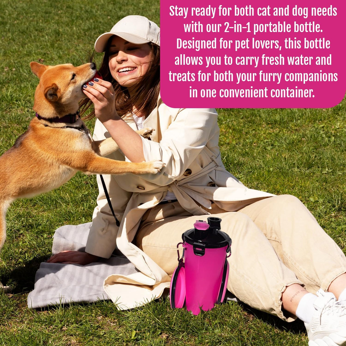Dog Travel Water Bottle W/Collapsible Bowls - Portable 2 in 1 Leakproof Pet Water Bottle Food Container Ideal for Travel, Outdoor Portable Water Bowls for Walking, Camping & Hiking - (Pink)