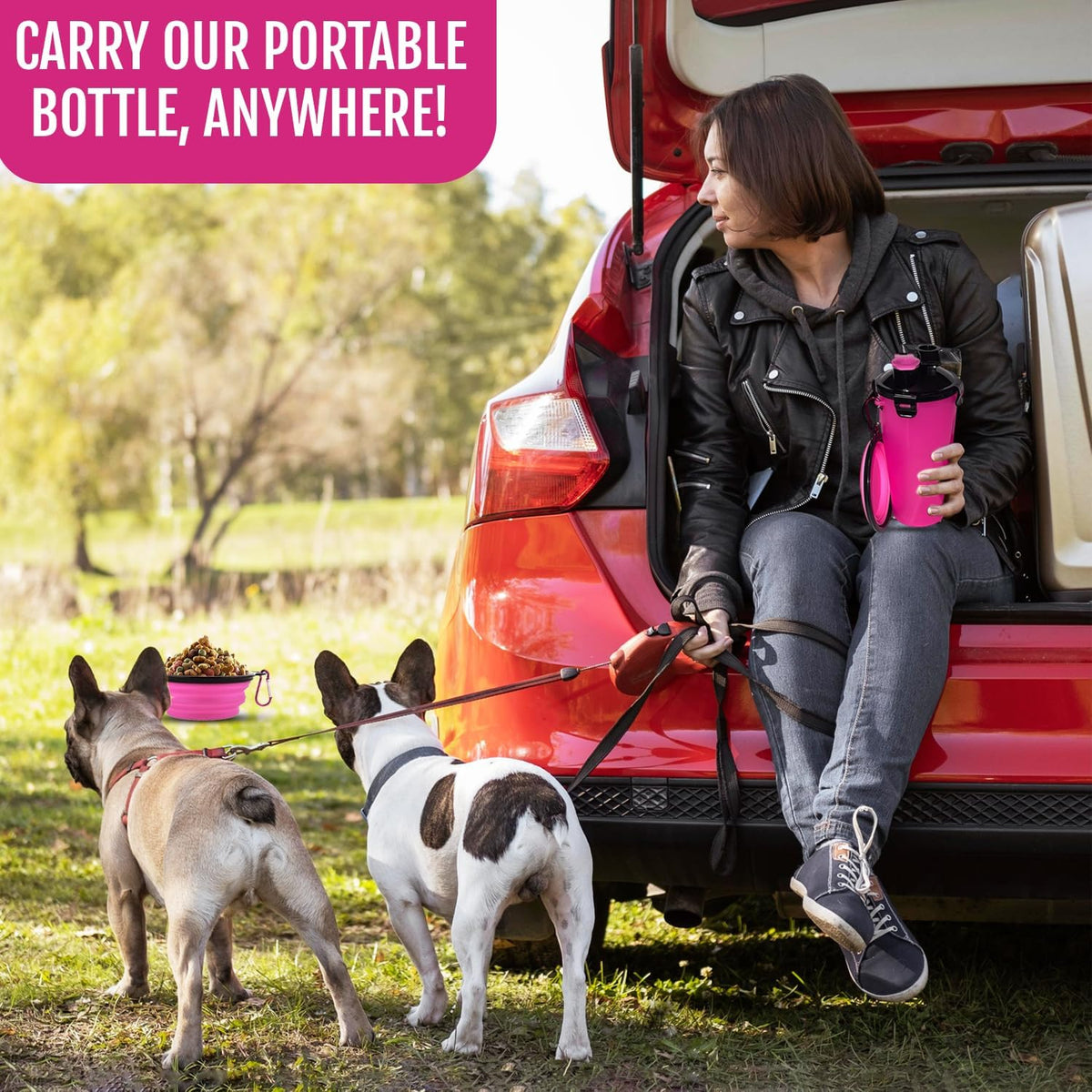 Dog Travel Water Bottle W/Collapsible Bowls - Portable 2 in 1 Leakproof Pet Water Bottle Food Container Ideal for Travel, Outdoor Portable Water Bowls for Walking, Camping & Hiking - (Pink)