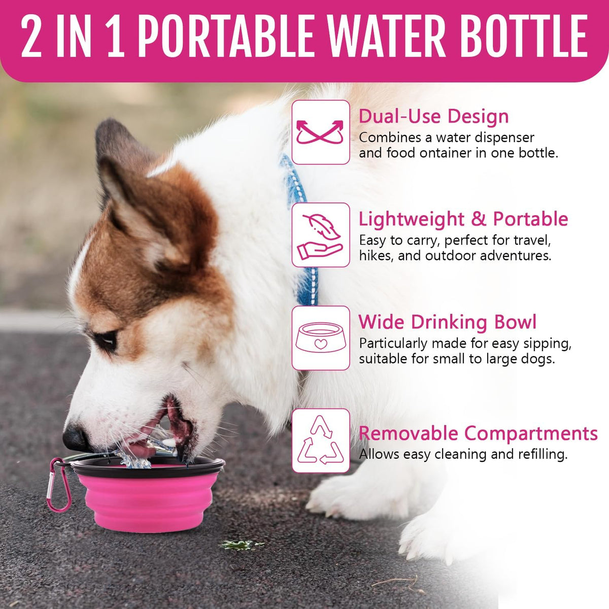 Dog Travel Water Bottle W/Collapsible Bowls - Portable 2 in 1 Leakproof Pet Water Bottle Food Container Ideal for Travel, Outdoor Portable Water Bowls for Walking, Camping & Hiking - (Pink)