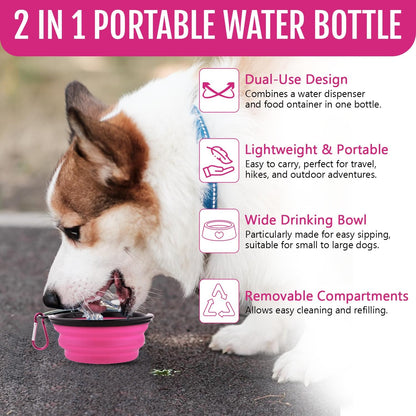 Dog Travel Water Bottle W/Collapsible Bowls - Portable 2 in 1 Leakproof Pet Water Bottle Food Container Ideal for Travel, Outdoor Portable Water Bowls for Walking, Camping & Hiking - (Pink)