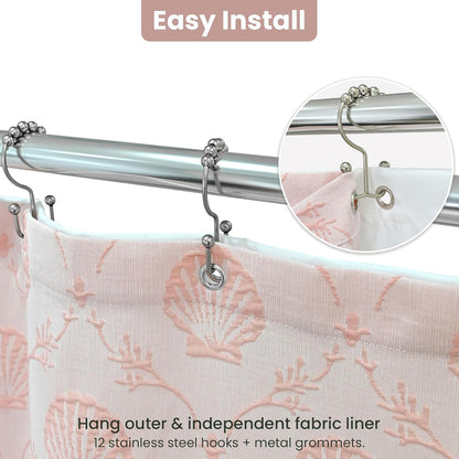 Fabric Shower Curtain Set with Detachable Liner, Matelasse Jacquard Coastal Pattern, Metal Hooks Included, Water-Repellent, 4 Hem Magnets, Shell Pink, 72 x 84 Inch