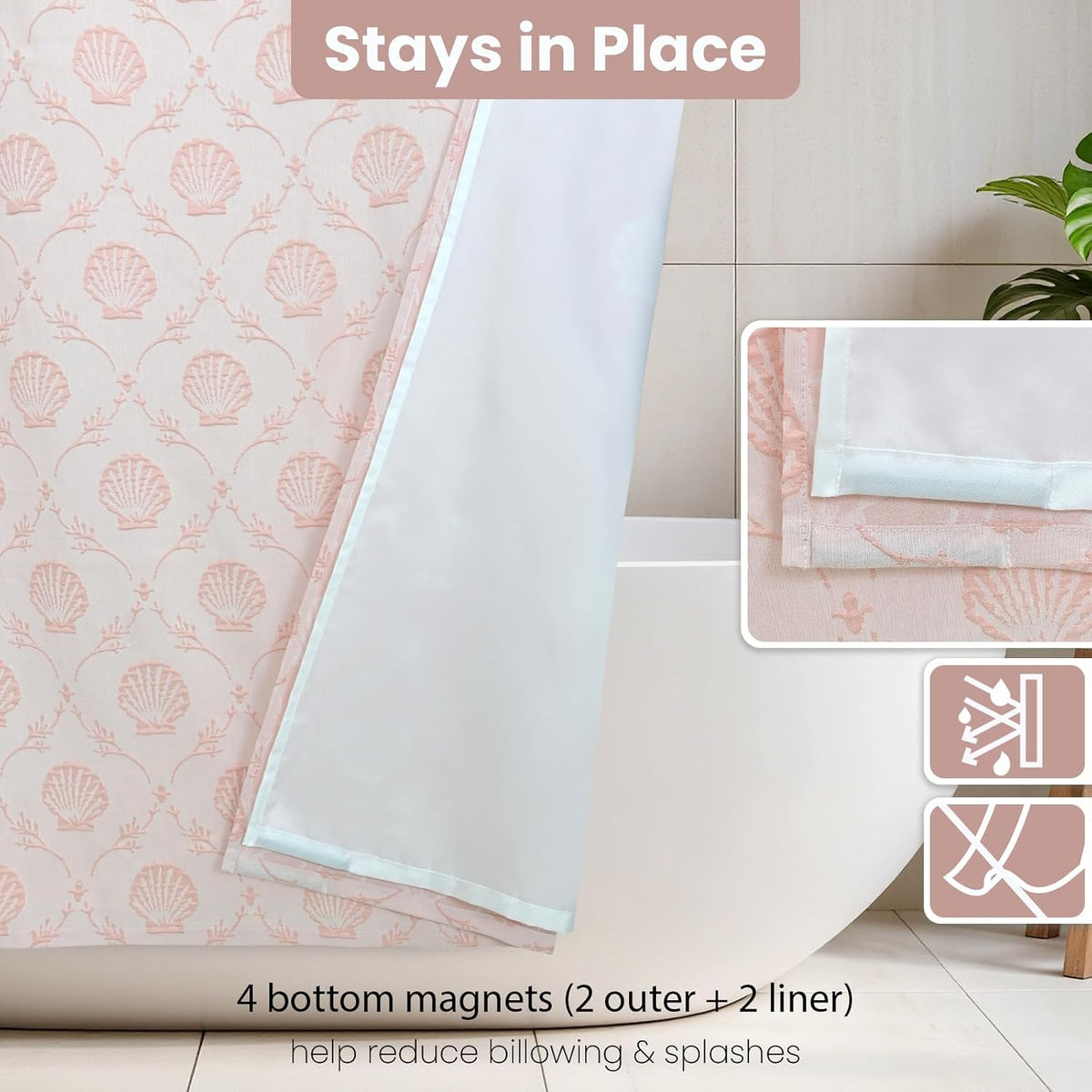 Fabric Shower Curtain Set with Detachable Liner, Matelasse Jacquard Coastal Pattern, Metal Hooks Included, Water-Repellent, 4 Hem Magnets, Shell Pink, 72 x 84 Inch