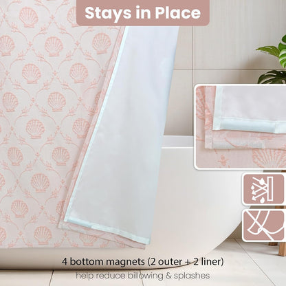 Fabric Shower Curtain Set with Detachable Liner, Matelasse Jacquard Coastal Pattern, Metal Hooks Included, Water-Repellent, 4 Hem Magnets, Shell Pink, 72 x 84 Inch