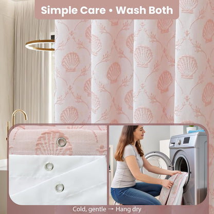 Fabric Shower Curtain Set with Detachable Liner, Matelasse Jacquard Coastal Pattern, Metal Hooks Included, Water-Repellent, 4 Hem Magnets, Shell Pink, 72 x 84 Inch