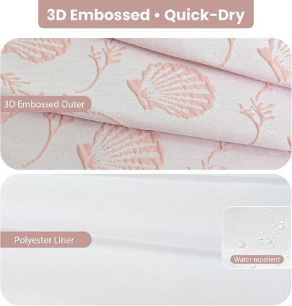 Fabric Shower Curtain Set with Detachable Liner, Matelasse Jacquard Coastal Pattern, Metal Hooks Included, Water-Repellent, 4 Hem Magnets, Shell Pink, 72 x 84 Inch