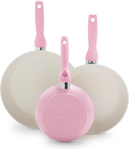 Rio Hard Anodized Healthy Ceramic Nonstick, 7" 9.5" and 11" 3 Piece Frying Pan Skillet Set, Soft Grip Handle, PFAS-Free, Dishwasher Safe, Oven Safe, Pink