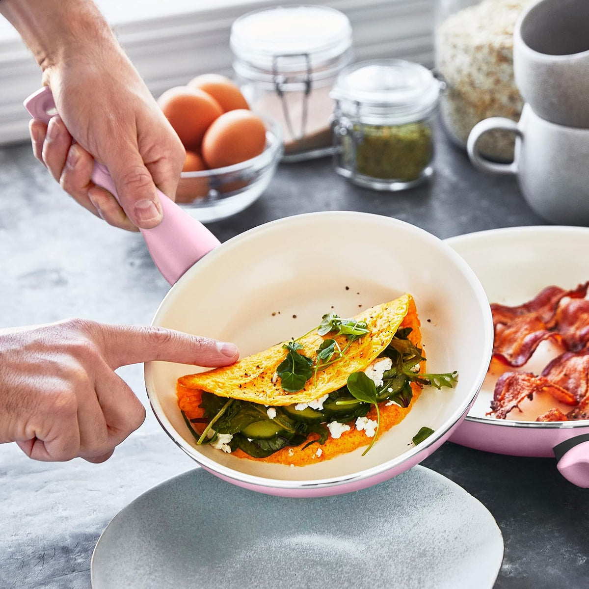 Rio Hard Anodized Healthy Ceramic Nonstick, 7" 9.5" and 11" 3 Piece Frying Pan Skillet Set, Soft Grip Handle, PFAS-Free, Dishwasher Safe, Oven Safe, Pink