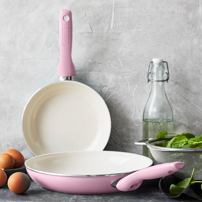 Rio Hard Anodized Healthy Ceramic Nonstick, 7" 9.5" and 11" 3 Piece Frying Pan Skillet Set, Soft Grip Handle, PFAS-Free, Dishwasher Safe, Oven Safe, Pink