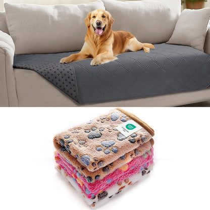 1 Pack 3 Blankets Super Soft Pet Flannel Throw for Dog Puppy Cat Paw Brown/Pink/White, 23x16 inch &100% Waterproof Couch Cover Blanket for Dogs Anti-Slip Pet Couch Protector Grey, 30x70 Inch