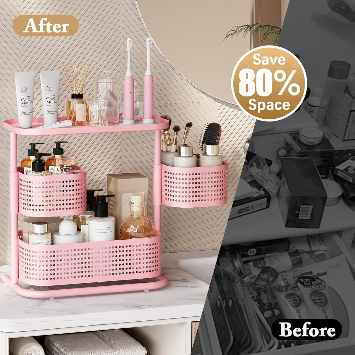 Metal Bathroom Counter Organizer，Rotating Countertop Storage Shelf
