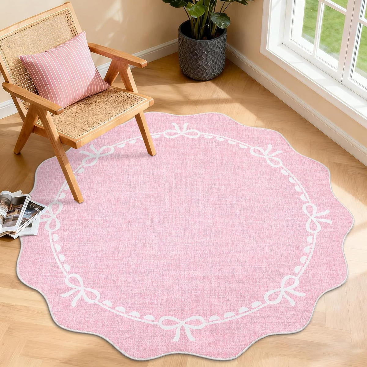 4ft Round Rugs Washable Scalloped Bow Rug for Bedroom, Pink