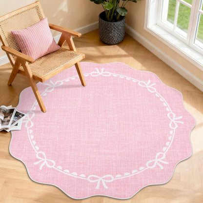 4ft Round Rugs Washable Scalloped Bow Rug for Bedroom, Pink
