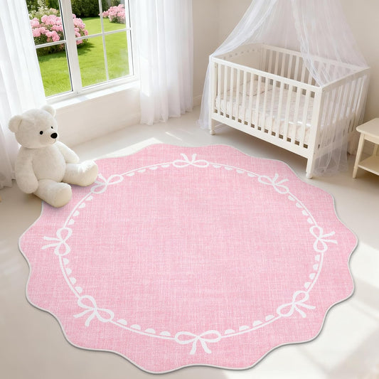 4ft Round Rugs Washable Scalloped Bow Rug for Bedroom, Pink