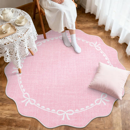 4ft Round Rugs Washable Scalloped Bow Rug for Bedroom, Pink