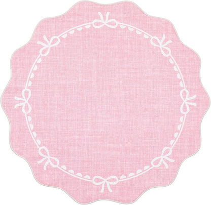 4ft Round Rugs Washable Scalloped Bow Rug for Bedroom, Pink