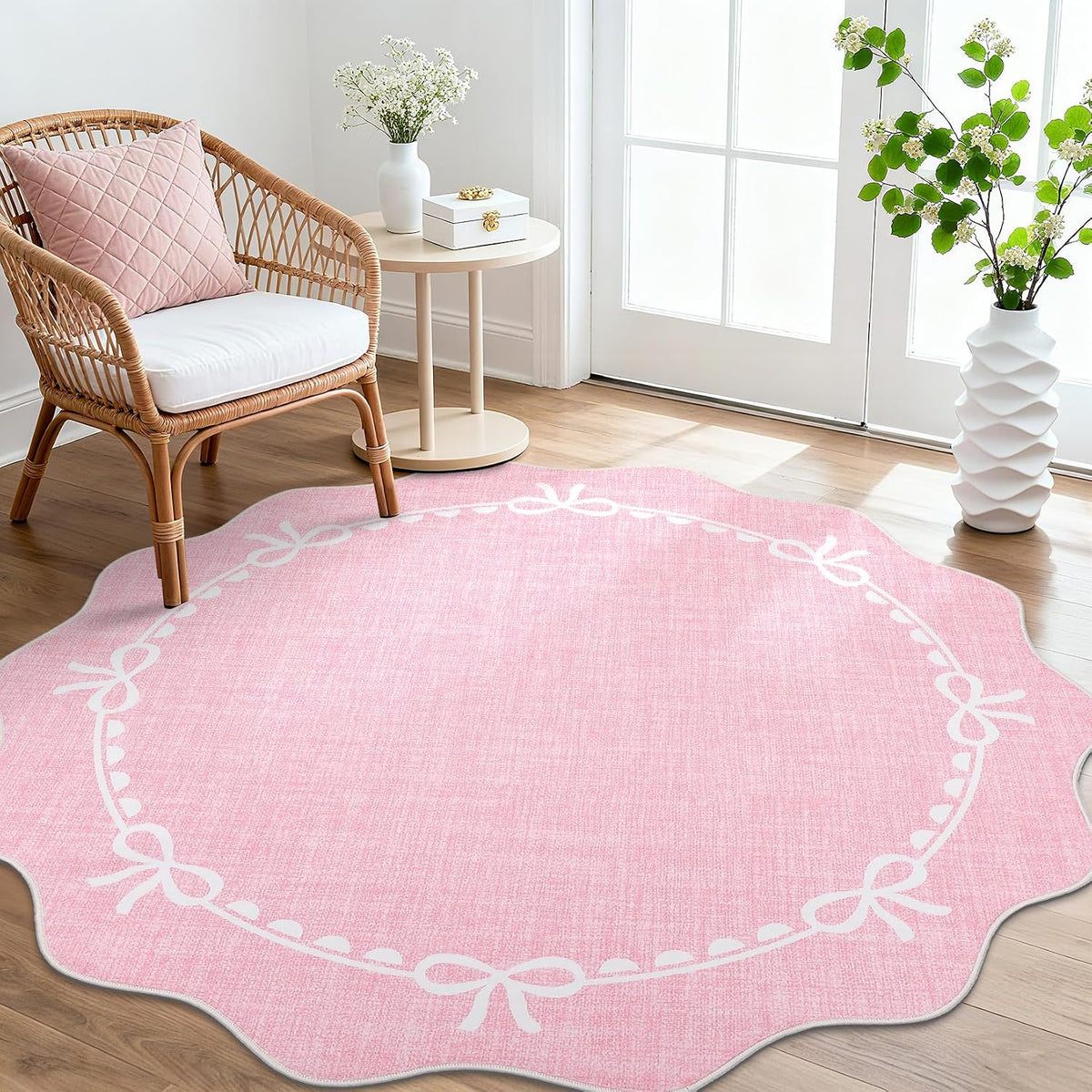 4ft Round Rugs Washable Scalloped Bow Rug for Bedroom, Pink