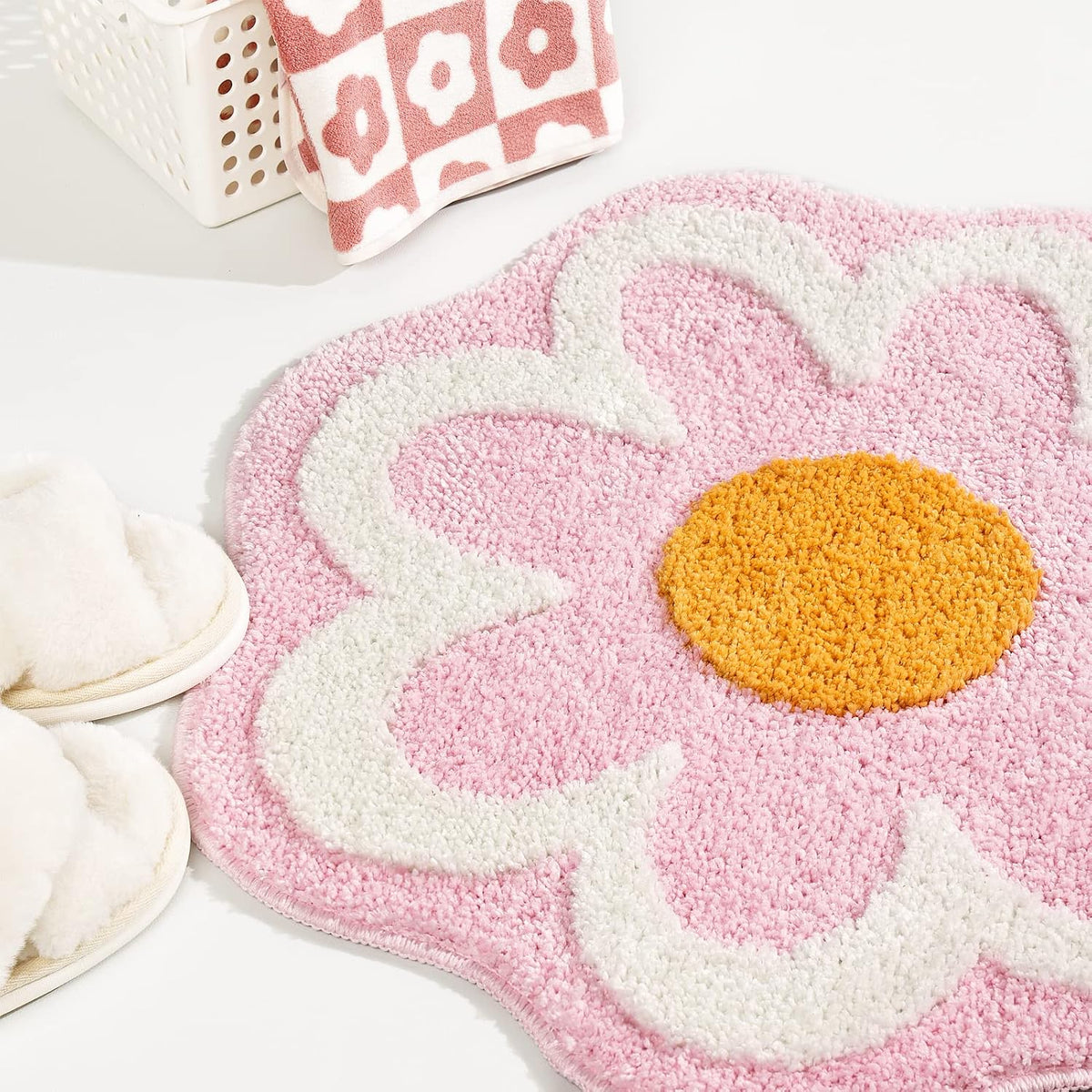 Flower Bathroom Rug, Round Non-Slip Bath Mat, 23.6"x23.6", Pink