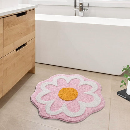 Flower Bathroom Rug, Round Non-Slip Bath Mat, 23.6"x23.6", Pink