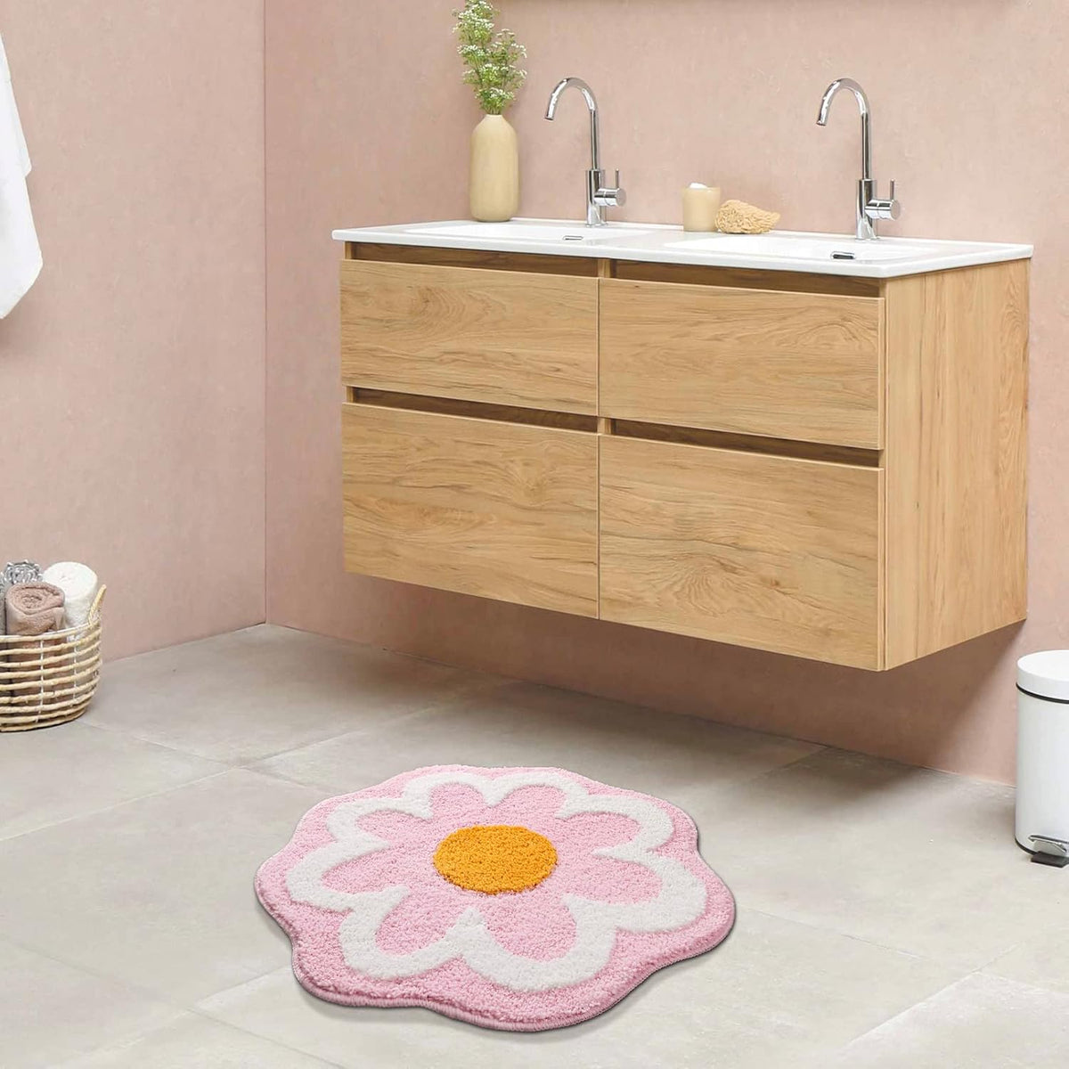 Flower Bathroom Rug, Round Non-Slip Bath Mat, 23.6"x23.6", Pink