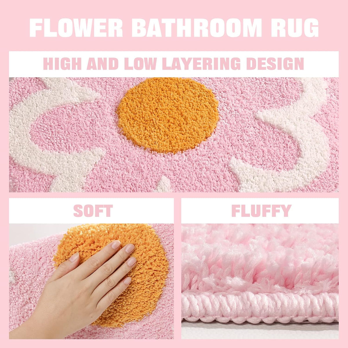 Flower Bathroom Rug, Round Non-Slip Bath Mat, 23.6"x23.6", Pink