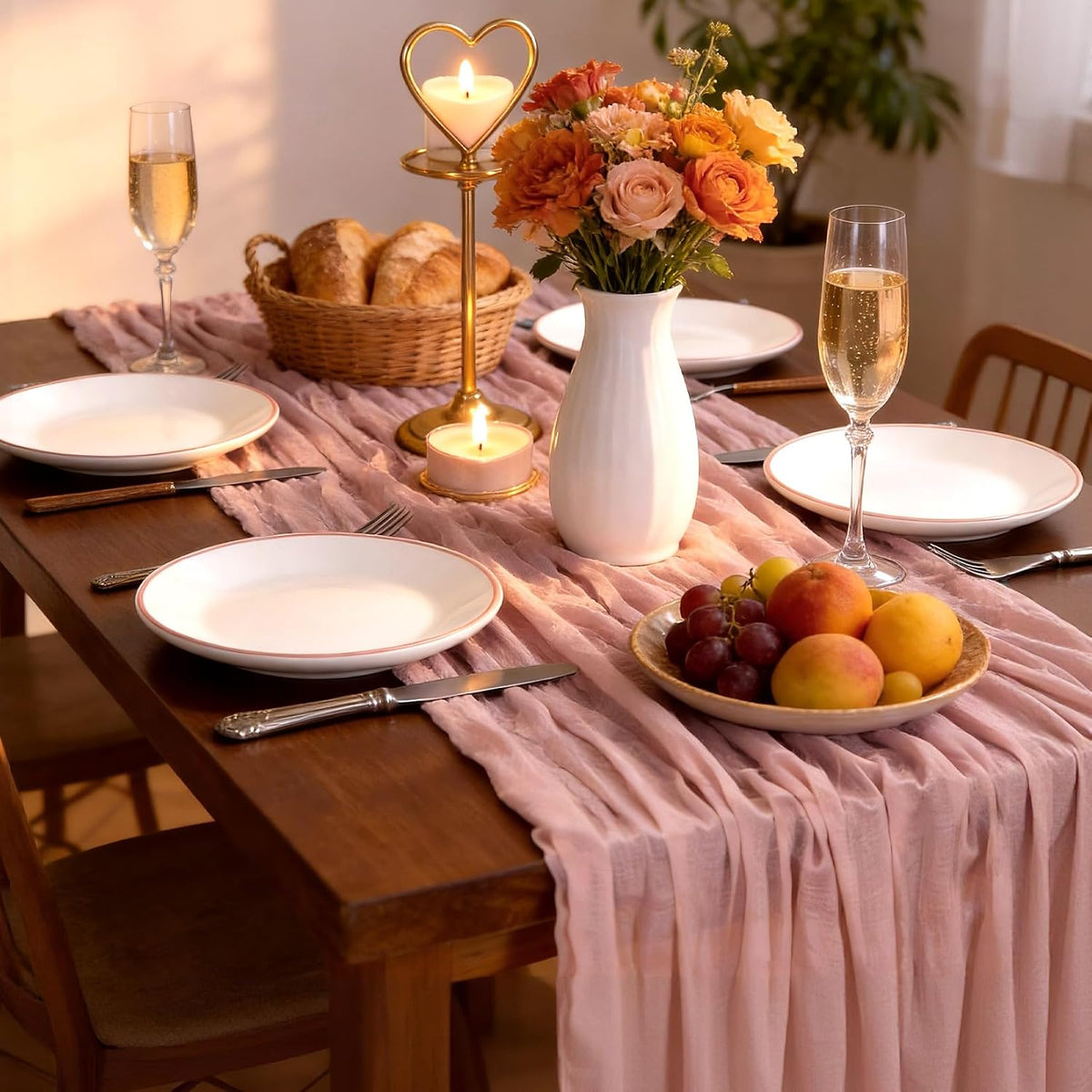 Pink Cheesecloth Table Runner - Soft Drapey Cheesecloth Table Runner Pink Runner Romantic Table Decor Elegant Table Runner Fabric for Valentine Dinner, Wedding, Bridal Shower, Party Tables 35.5x118