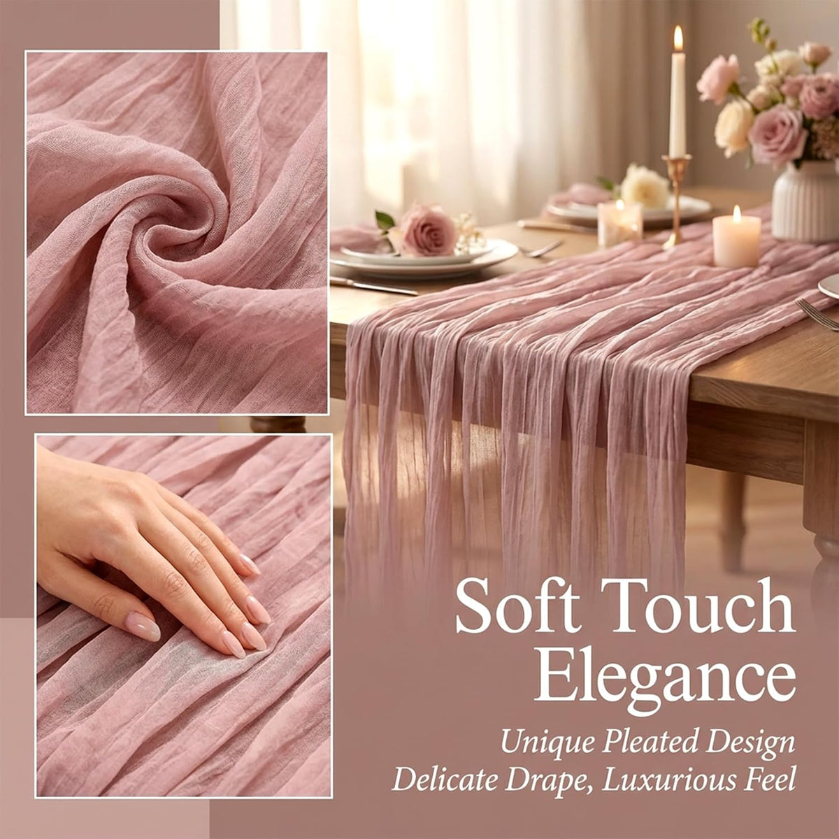 Pink Cheesecloth Table Runner - Soft Drapey Cheesecloth Table Runner Pink Runner Romantic Table Decor Elegant Table Runner Fabric for Valentine Dinner, Wedding, Bridal Shower, Party Tables 35.5x118