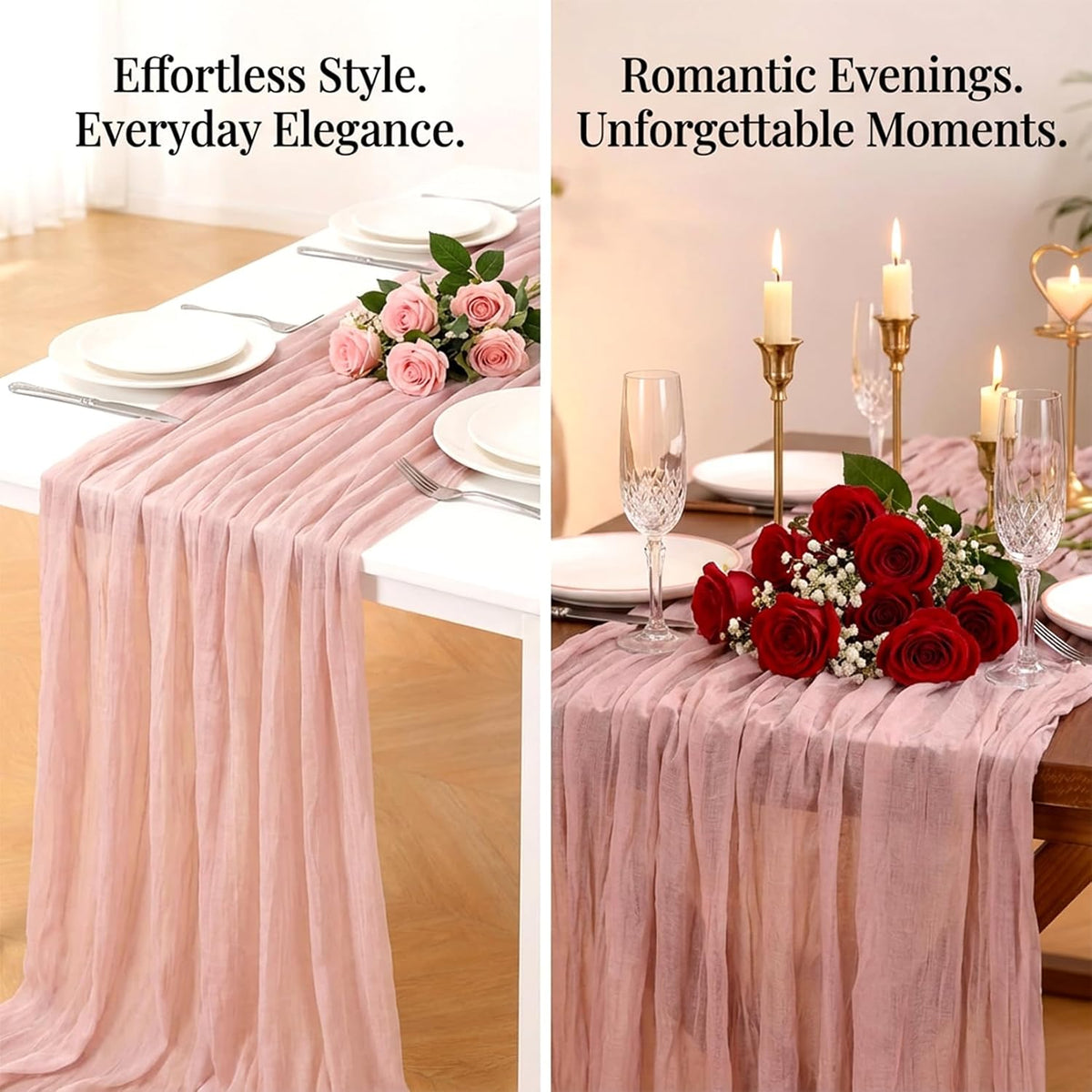 Pink Cheesecloth Table Runner - Soft Drapey Cheesecloth Table Runner Pink Runner Romantic Table Decor Elegant Table Runner Fabric for Valentine Dinner, Wedding, Bridal Shower, Party Tables 35.5x118