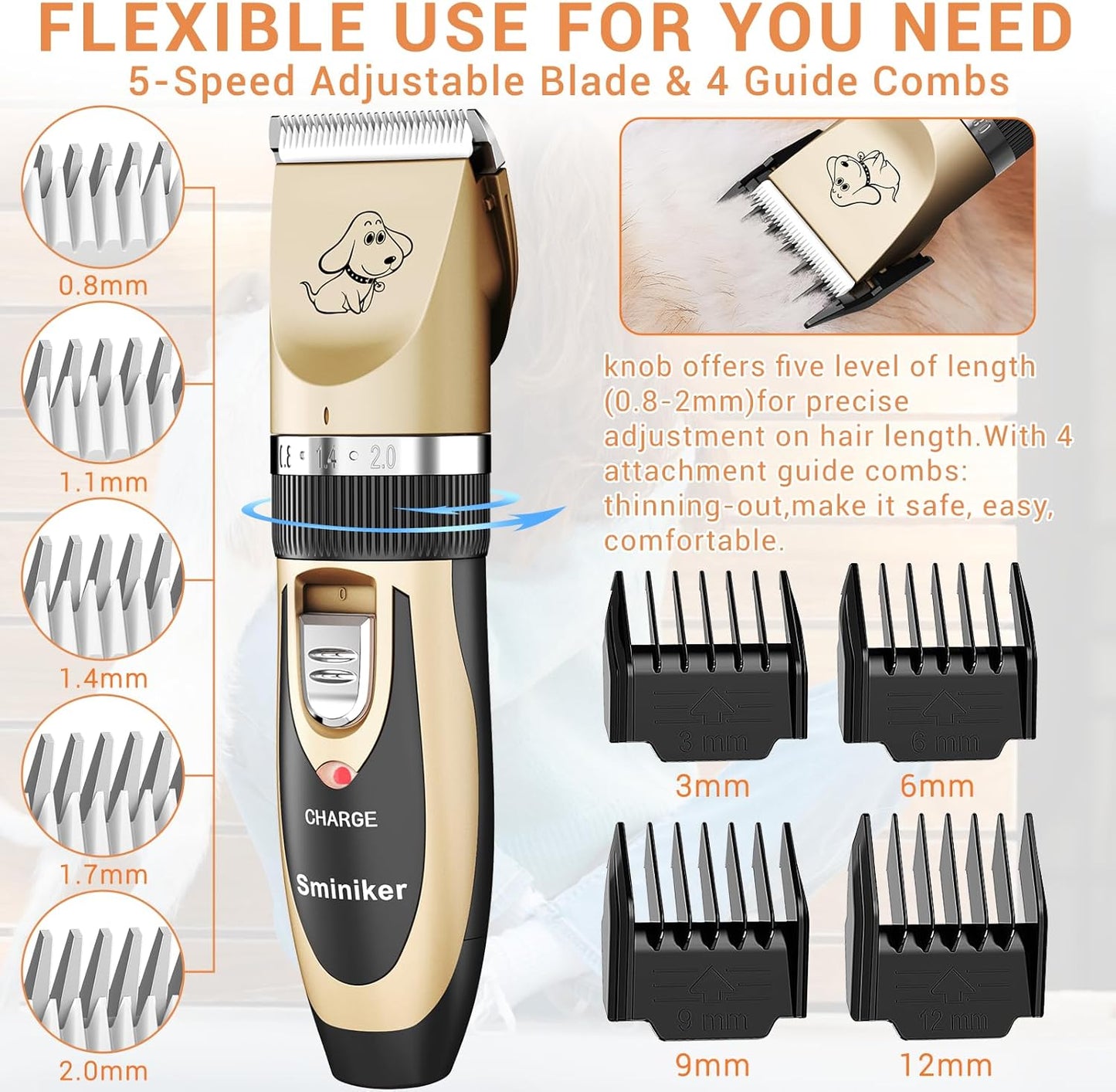 Sminiker Professional Rechargeable Cordless Dogs Cats Horse Grooming Clippers - Professional Pet Hair Clippers with Comb Guides for Dogs Cats Horses and Other House Animals Pet Grooming Kit