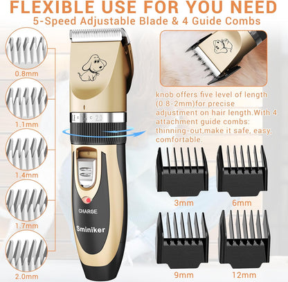 Sminiker Professional Rechargeable Cordless Dogs Cats Horse Grooming Clippers - Professional Pet Hair Clippers with Comb Guides for Dogs Cats Horses and Other House Animals Pet Grooming Kit