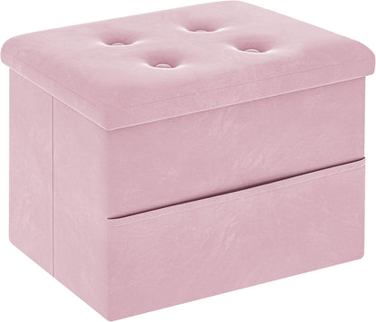 Small Storage Ottoman Foot Rest, Velvet Ottoman with Storage and Side Pocket, Pink Foot Rest for Couch, Foldable Footstool Ottoman for Chair,Living Room&Dorm, 16"x12"x12" Pink