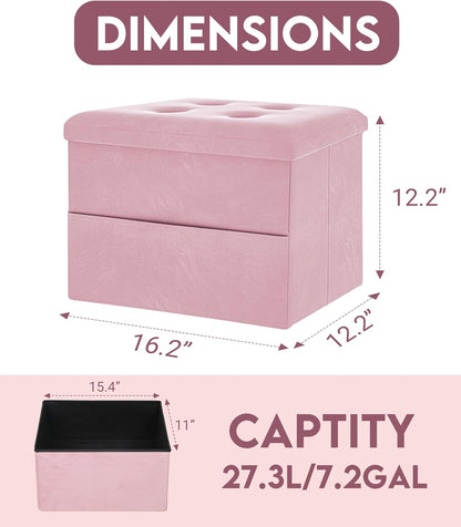 Small Storage Ottoman Foot Rest, Velvet Ottoman with Storage and Side Pocket, Pink Foot Rest for Couch, Foldable Footstool Ottoman for Chair,Living Room&Dorm, 16"x12"x12" Pink
