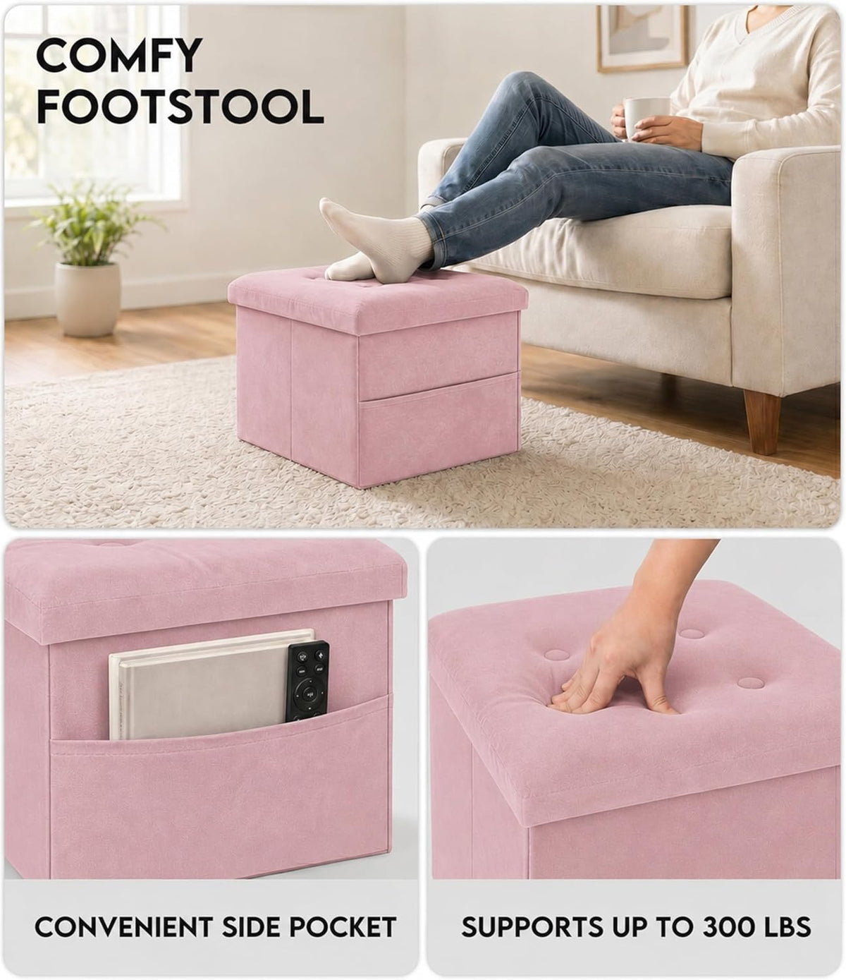 Small Storage Ottoman Foot Rest, Velvet Ottoman with Storage and Side Pocket, Pink Foot Rest for Couch, Foldable Footstool Ottoman for Chair,Living Room&Dorm, 16"x12"x12" Pink