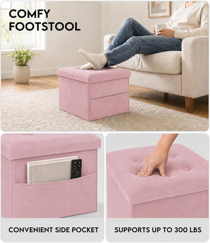 Small Storage Ottoman Foot Rest, Velvet Ottoman with Storage and Side Pocket, Pink Foot Rest for Couch, Foldable Footstool Ottoman for Chair,Living Room&Dorm, 16"x12"x12" Pink