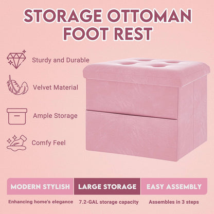 Small Storage Ottoman Foot Rest, Velvet Ottoman with Storage and Side Pocket, Pink Foot Rest for Couch, Foldable Footstool Ottoman for Chair,Living Room&Dorm, 16"x12"x12" Pink