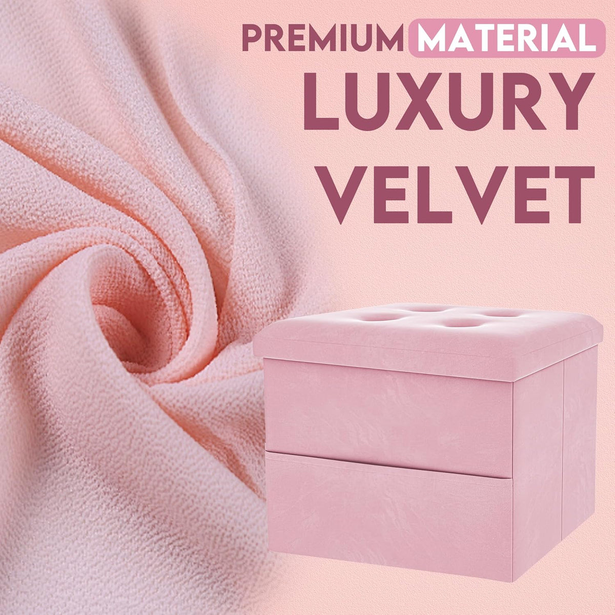 Small Storage Ottoman Foot Rest, Velvet Ottoman with Storage and Side Pocket, Pink Foot Rest for Couch, Foldable Footstool Ottoman for Chair,Living Room&Dorm, 16"x12"x12" Pink