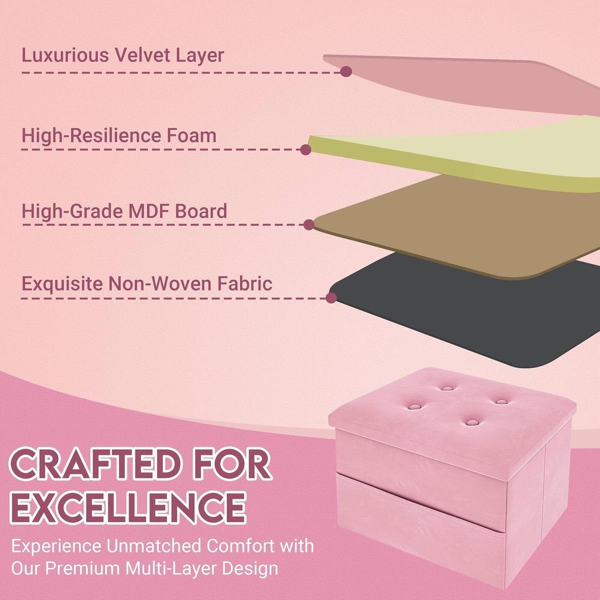 Small Storage Ottoman Foot Rest, Velvet Ottoman with Storage and Side Pocket, Pink Foot Rest for Couch, Foldable Footstool Ottoman for Chair,Living Room&Dorm, 16"x12"x12" Pink