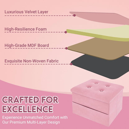Small Storage Ottoman Foot Rest, Velvet Ottoman with Storage and Side Pocket, Pink Foot Rest for Couch, Foldable Footstool Ottoman for Chair,Living Room&Dorm, 16"x12"x12" Pink