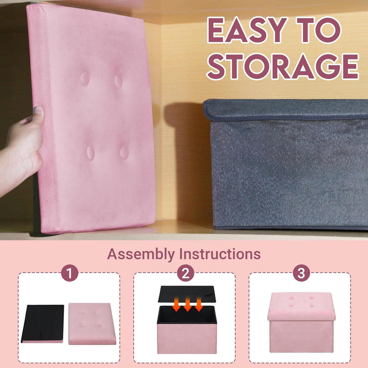 Small Storage Ottoman Foot Rest, Velvet Ottoman with Storage and Side Pocket, Pink Foot Rest for Couch, Foldable Footstool Ottoman for Chair,Living Room&Dorm, 16"x12"x12" Pink