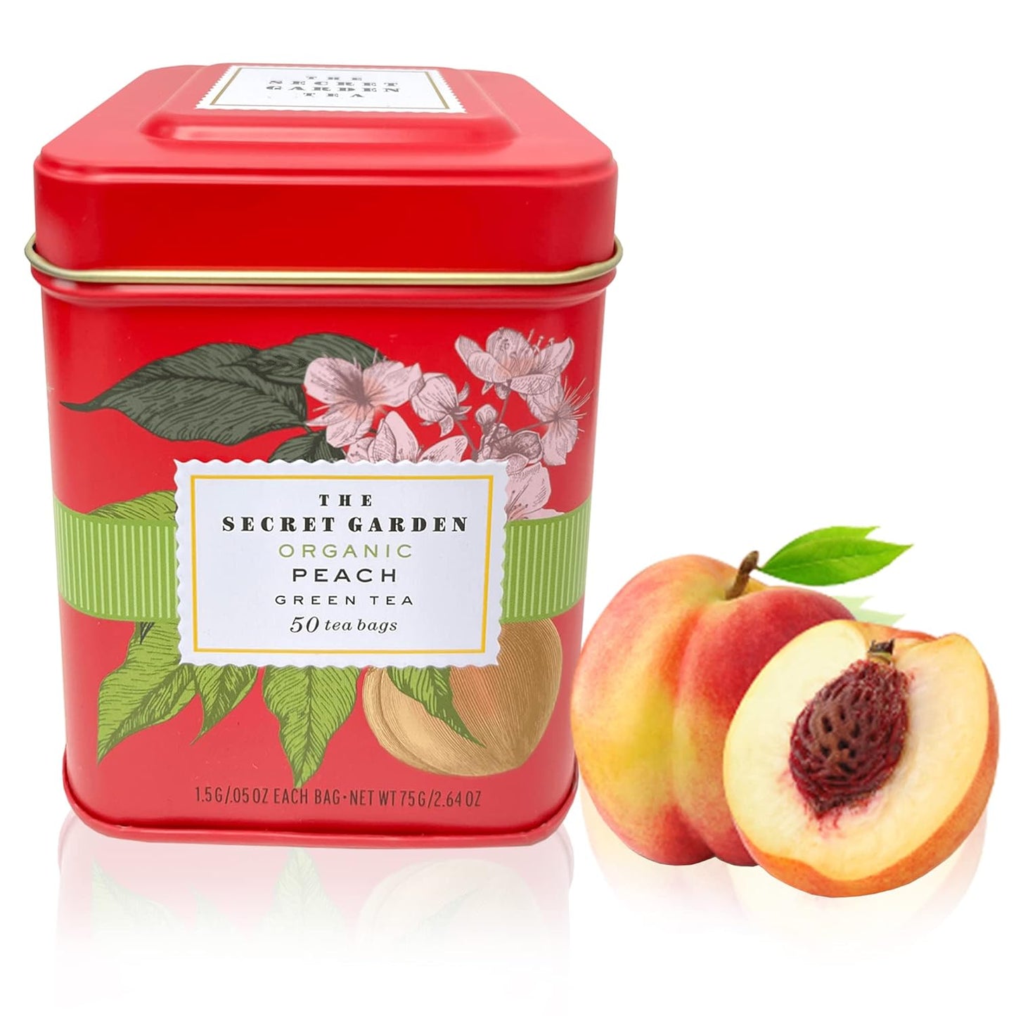 Organic Peach Ceylon Green Tea - 50 Packets - Natural Antioxidant Rich Herbal Leaf Teabags - USDA Certified 100% Non-GMO - Caffeinated Designer Gift Tin