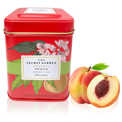 Organic Peach Ceylon Green Tea - 50 Packets - Natural Antioxidant Rich Herbal Leaf Teabags - USDA Certified 100% Non-GMO - Caffeinated Designer Gift Tin