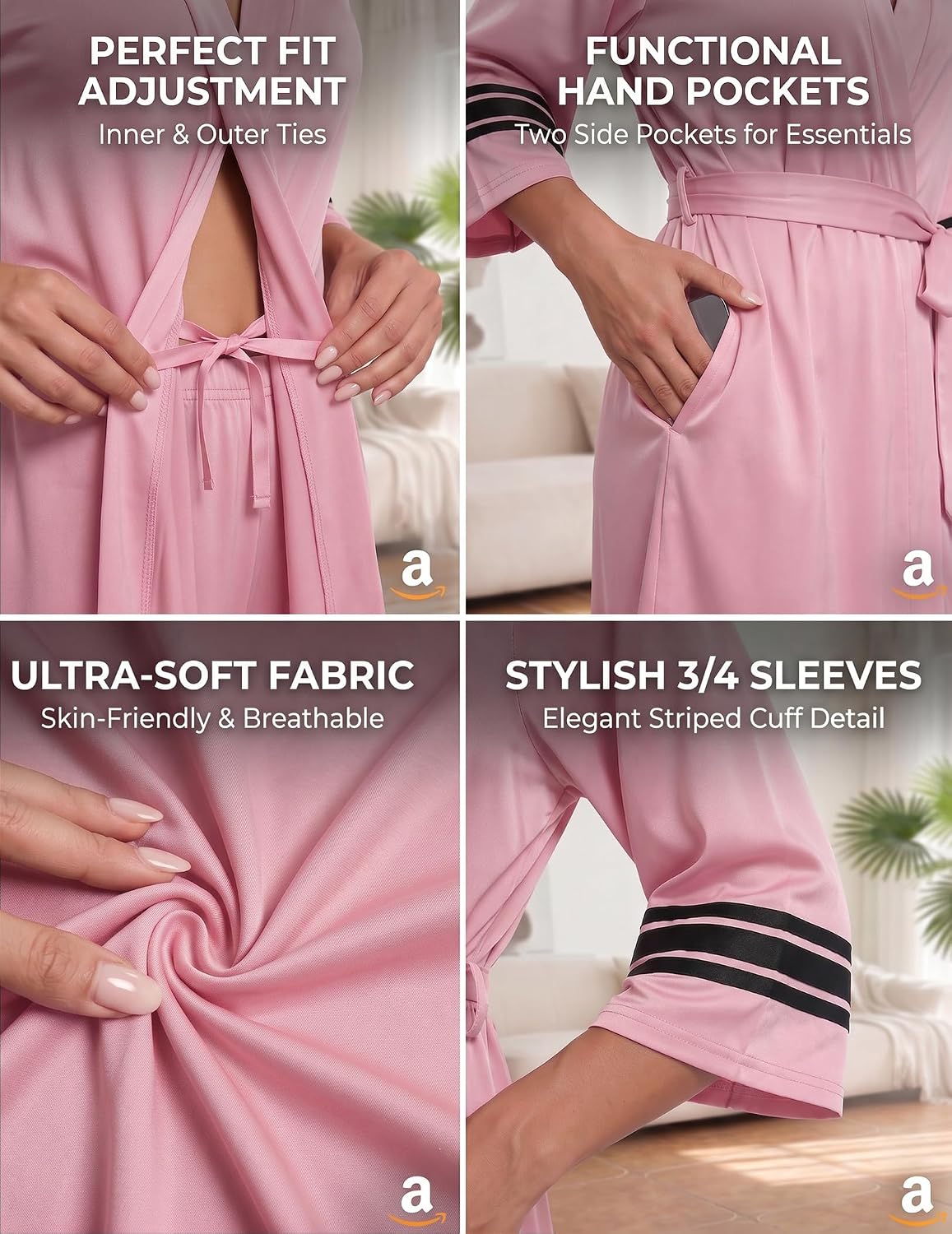 Womens Robe Lightweight 3/4 Sleeve Soft Knit Bathrobe Sleepwear