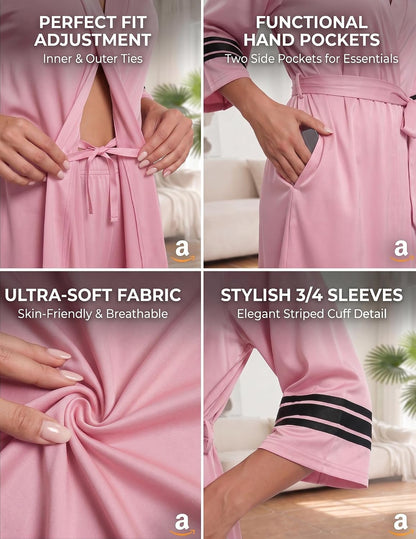 Womens Robe Lightweight 3/4 Sleeve Soft Knit Bathrobe Sleepwear