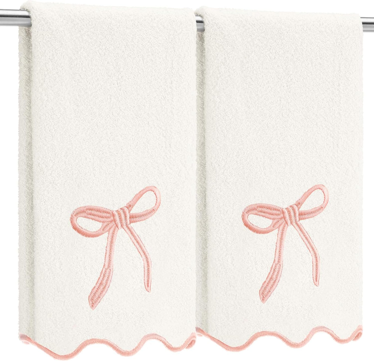 2 Pcs White Bow Scalloped Hand Towels for Bathroom 26 x 13 Inch