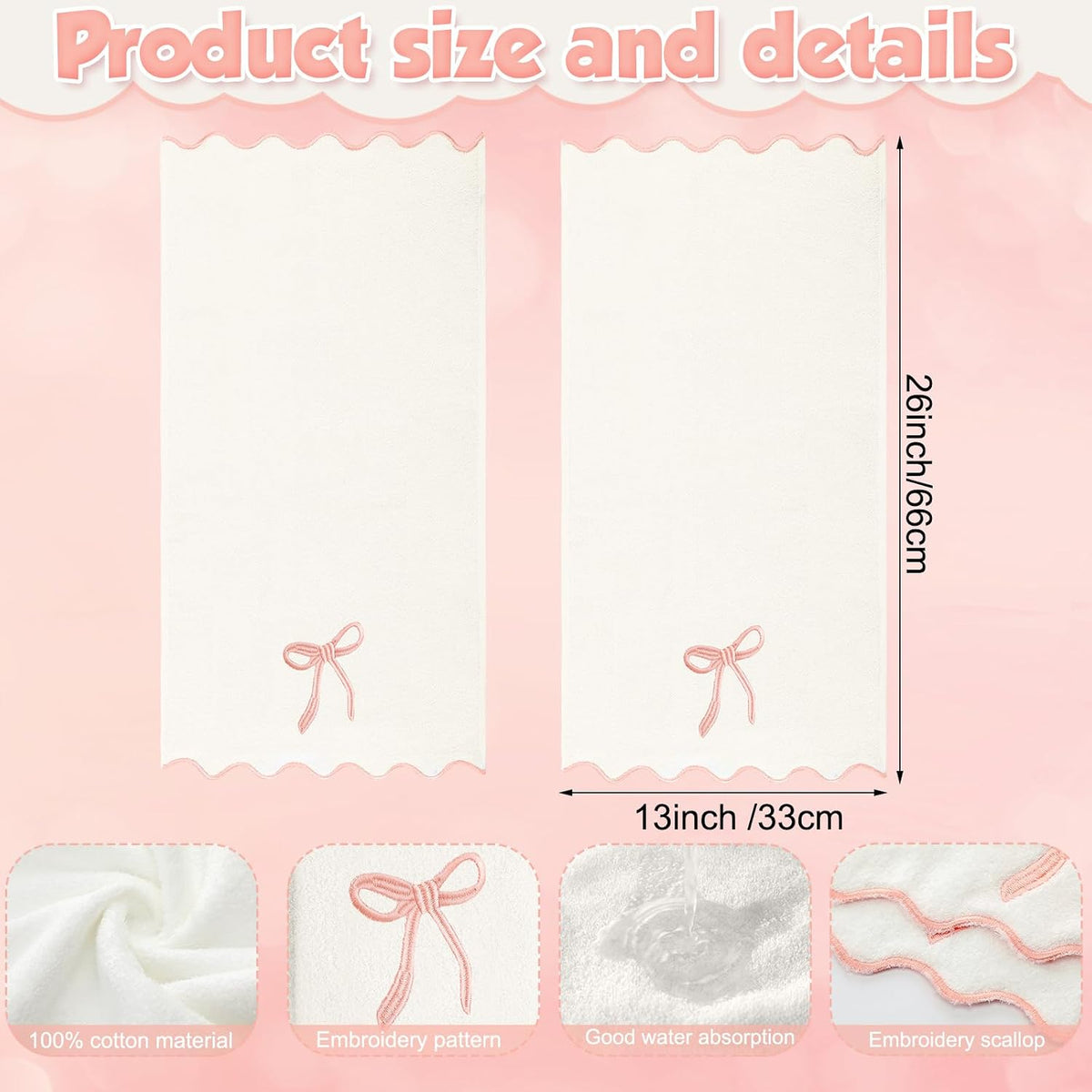 2 Pcs White Bow Scalloped Hand Towels for Bathroom 26 x 13 Inch