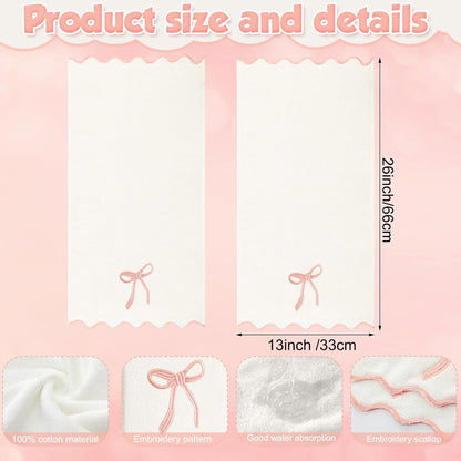 2 Pcs White Bow Scalloped Hand Towels for Bathroom 26 x 13 Inch