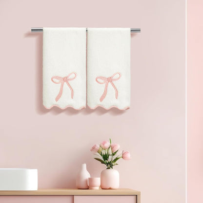 2 Pcs White Bow Scalloped Hand Towels for Bathroom 26 x 13 Inch