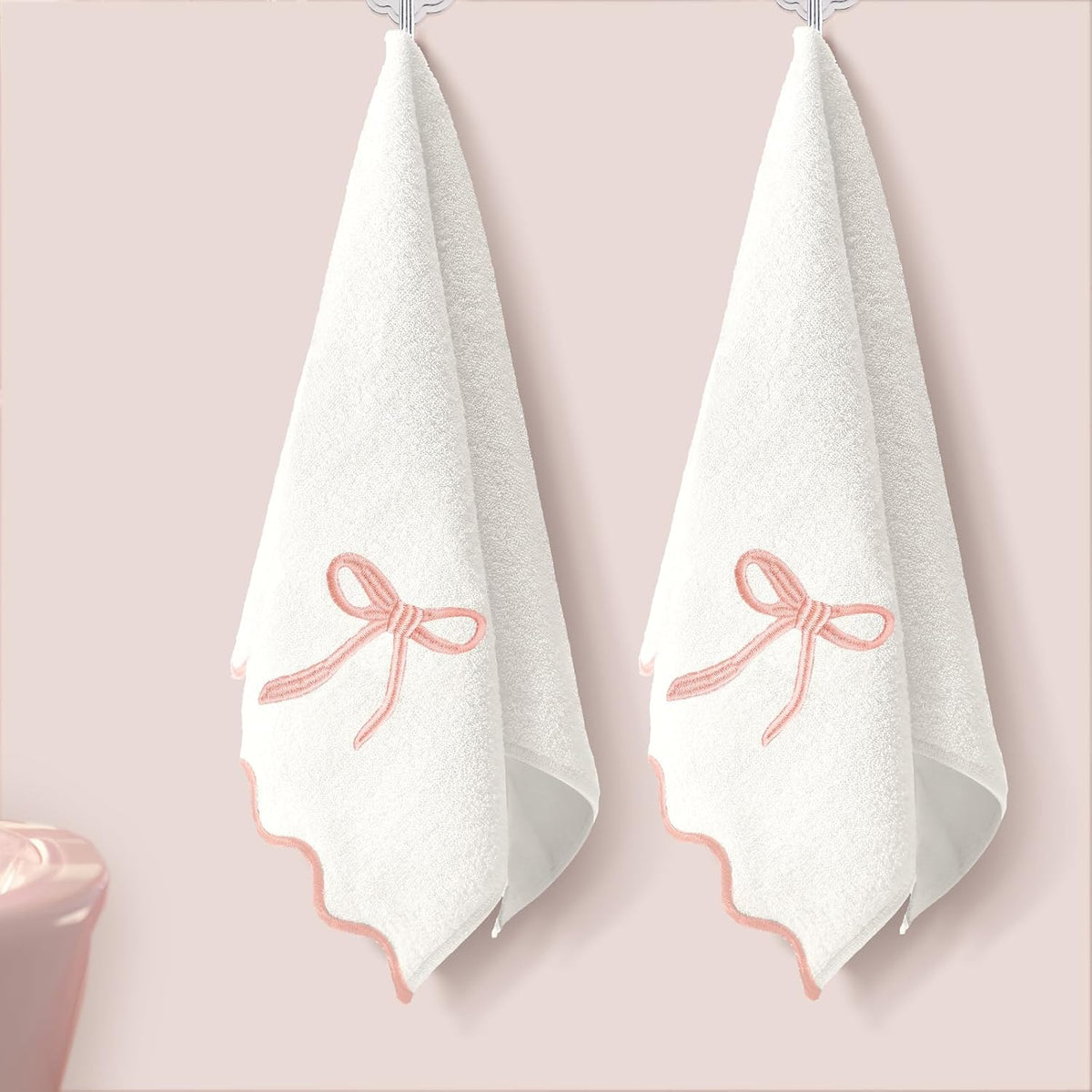 2 Pcs White Bow Scalloped Hand Towels for Bathroom 26 x 13 Inch