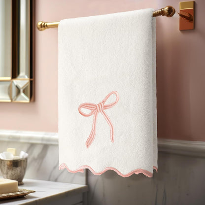 2 Pcs White Bow Scalloped Hand Towels for Bathroom 26 x 13 Inch
