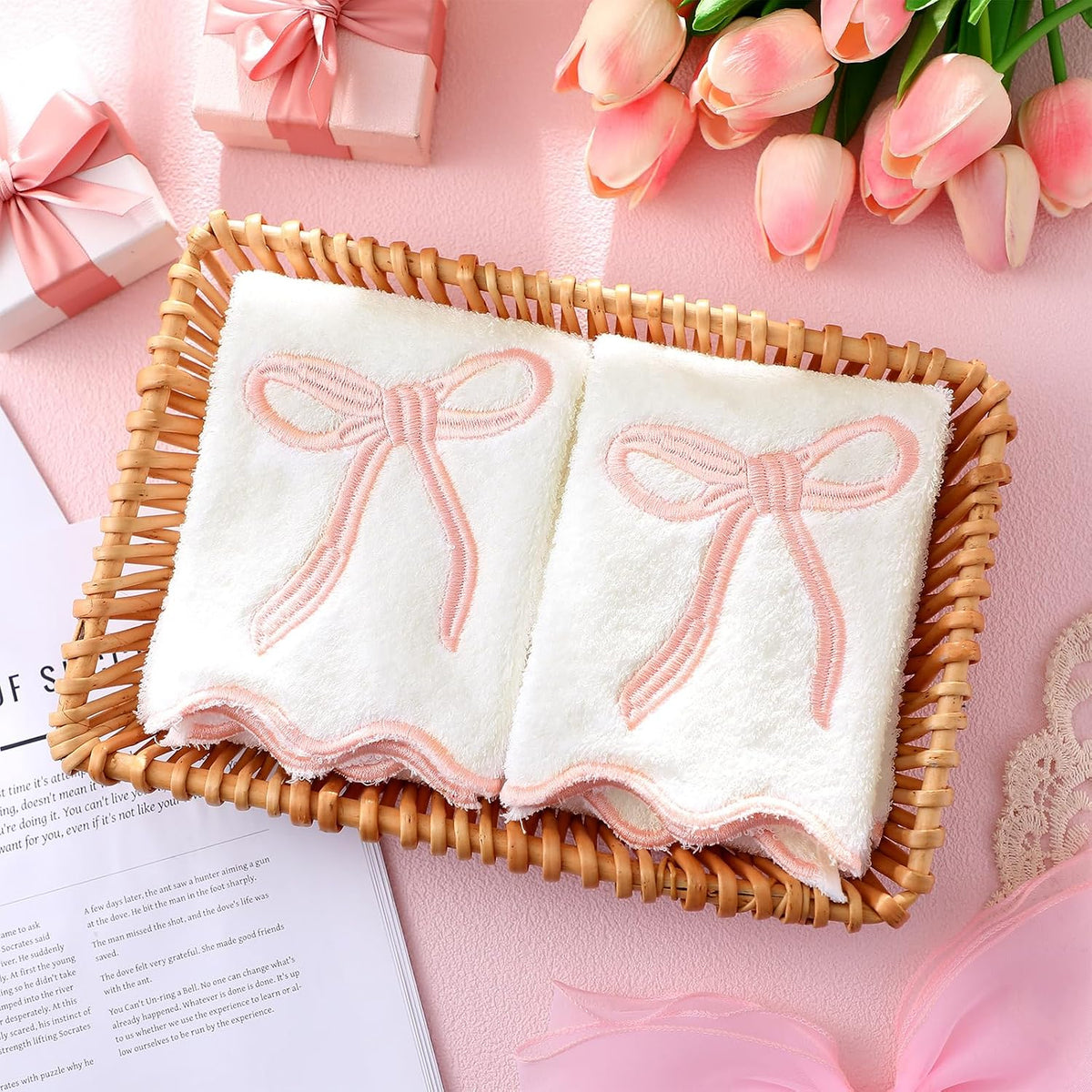 2 Pcs White Bow Scalloped Hand Towels for Bathroom 26 x 13 Inch